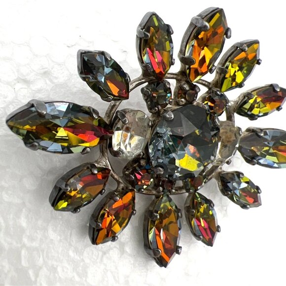 Vintage Givre Rhinestone Brooch Pin Faceted Smokey Sunburst Multicolor Silver To - Picture 8 of 10
